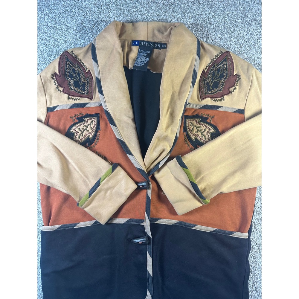 Vintage IB Diffusion 1993 Colorblock Leaf Embroidered Knit Jacket Tan Orange S/C